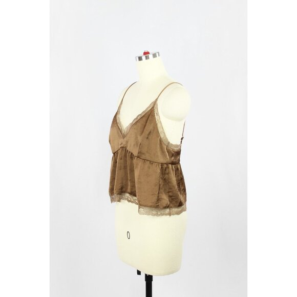 Aritzia LITTLE MOON Sedum Brown Satin Cropped Peplum Camisole Tank Top, Size S - Picture 4 of 15